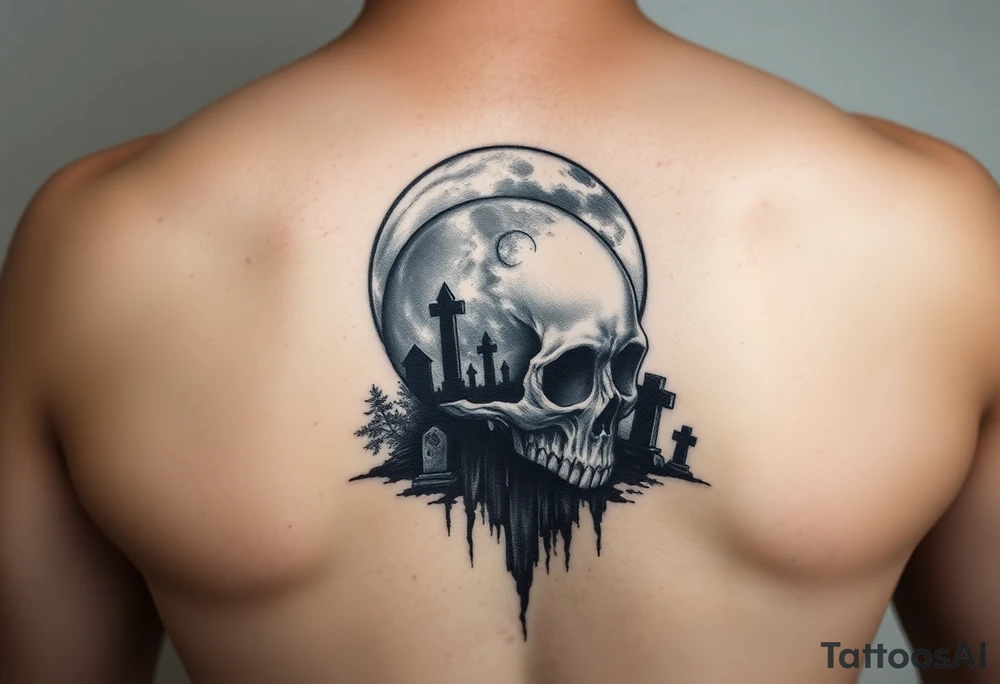 Full moon morphed into skull shining over foggy cemetery tattoo idea