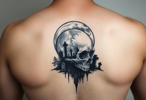 Full moon morphed into skull shining over foggy cemetery tattoo idea