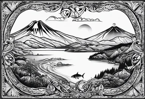 azores islands map, compass, mountain, carabiner & knot, tuna tattoo idea