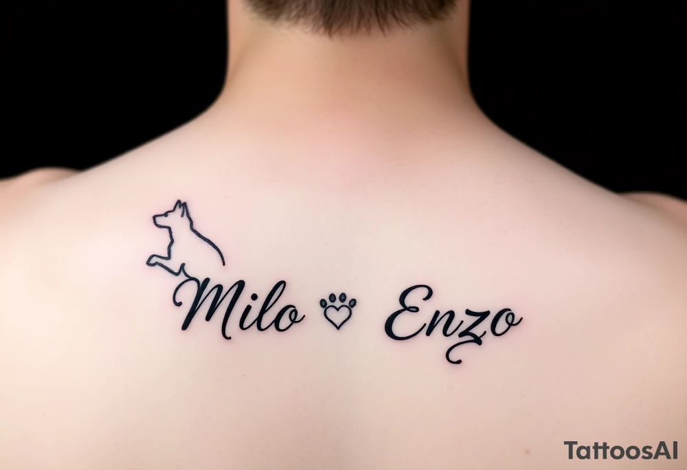 minimal ling line dog lover tattoo , dogs name in cursive Milo and Enzo spine tattoo tattoo idea