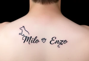 minimal ling line dog lover tattoo , dogs name in cursive Milo and Enzo spine tattoo tattoo idea