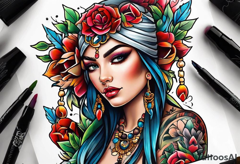 cara mujer neo tradicional tattoo idea