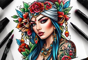 cara mujer neo tradicional tattoo idea