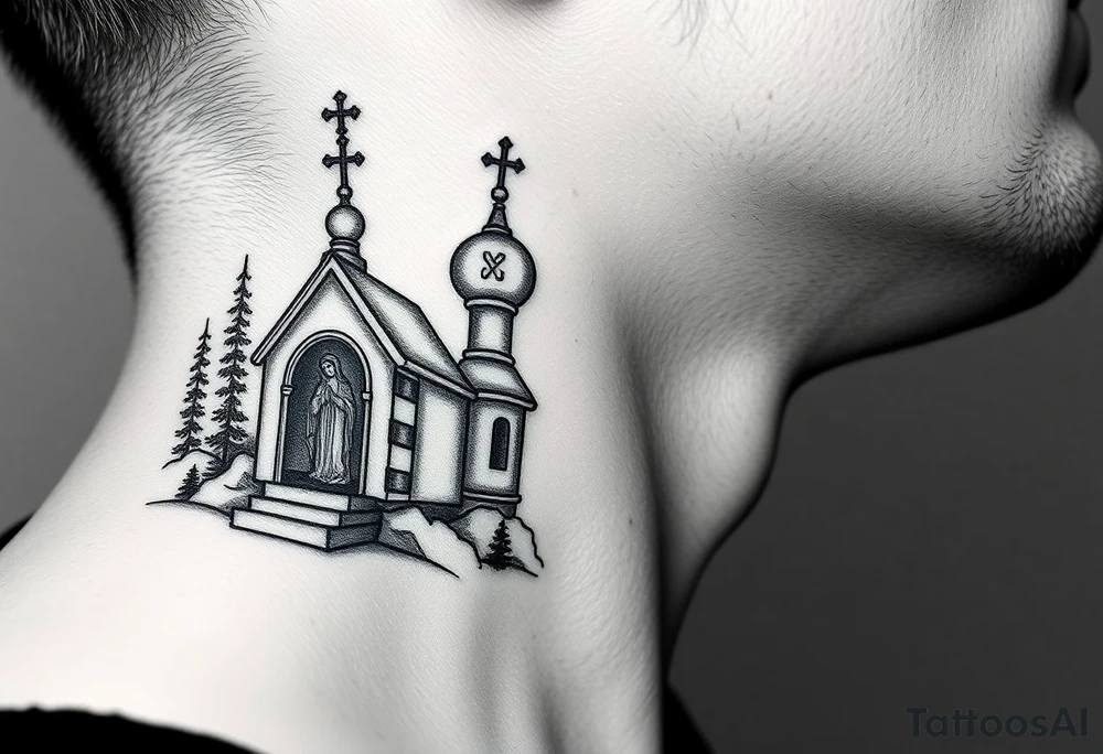 russian design traditional christian orthodox cross with a virgin mary stood beside the entrance of a russian orthodox dome church on the side of the neck in a wilderness setting with the design spread out the side of the neck tattoo idea
