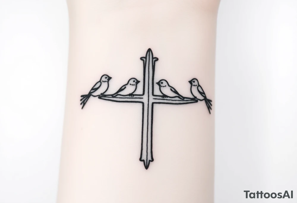 Weathered cross with 4 birds tattoo idea
