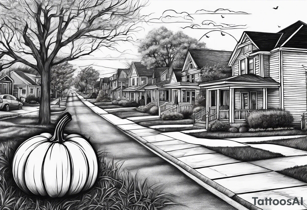Neighborhood street in fall with Halloween pumpkin tattoo idea