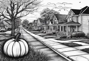 Neighborhood street in fall with Halloween pumpkin tattoo idea