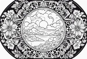 circle vignette frame surrounded by floral clouds tattoo idea