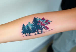 Lower forearm, trees with mountains in background, leaves on the trees are pink, purple, teal, red tattoo idea