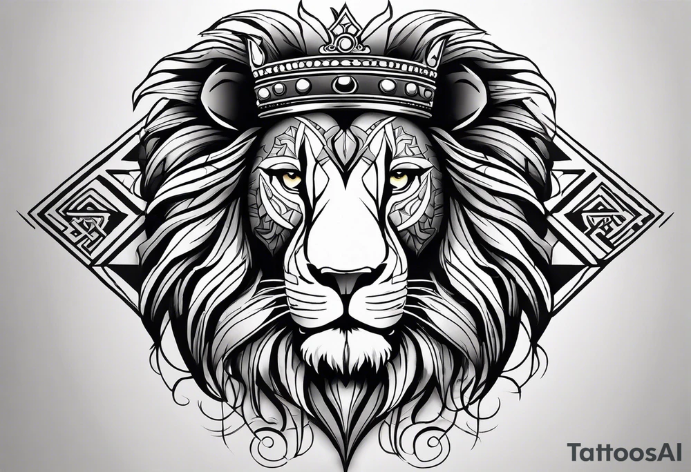 lion's face with a crown, two horizontal black stripes flanking the lion on either side, The overall style is bold and tribal-inspired, with clear, defined lines. tattoo idea