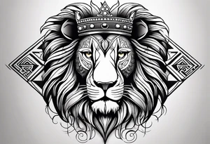 lion's face with a crown, two horizontal black stripes flanking the lion on either side, The overall style is bold and tribal-inspired, with clear, defined lines. tattoo idea