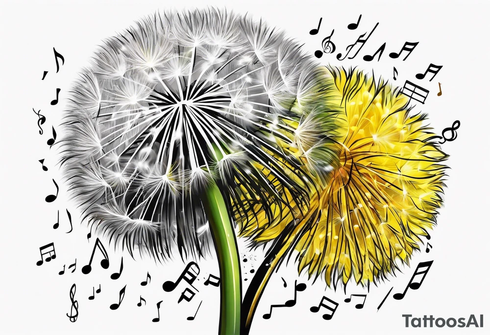 Dandelion puff breaking off into music notes tattoo idea
