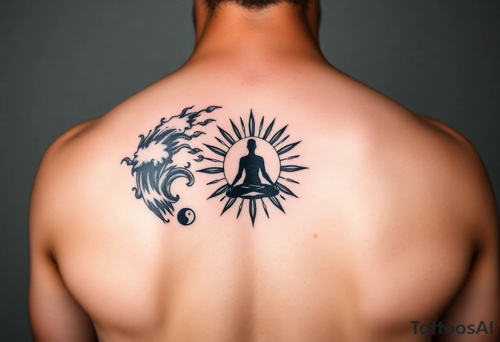 yin-yang one side storm one side sunshine central meditative silhouette figure tattoo idea