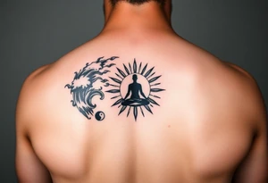 yin-yang one side storm one side sunshine central meditative silhouette figure tattoo idea