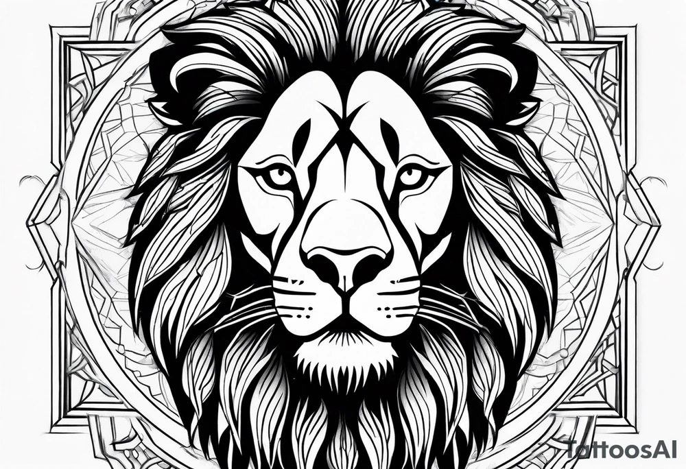 The Face of marcus aurelius with the lower left half missing. He is looking slightly away at 25 degrees. Geometric symbols framing the background. The background has small color splashes of red and purple. tattoo idea