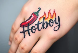 Chili pepper and fire lettering says Hotboy tattoo idea
