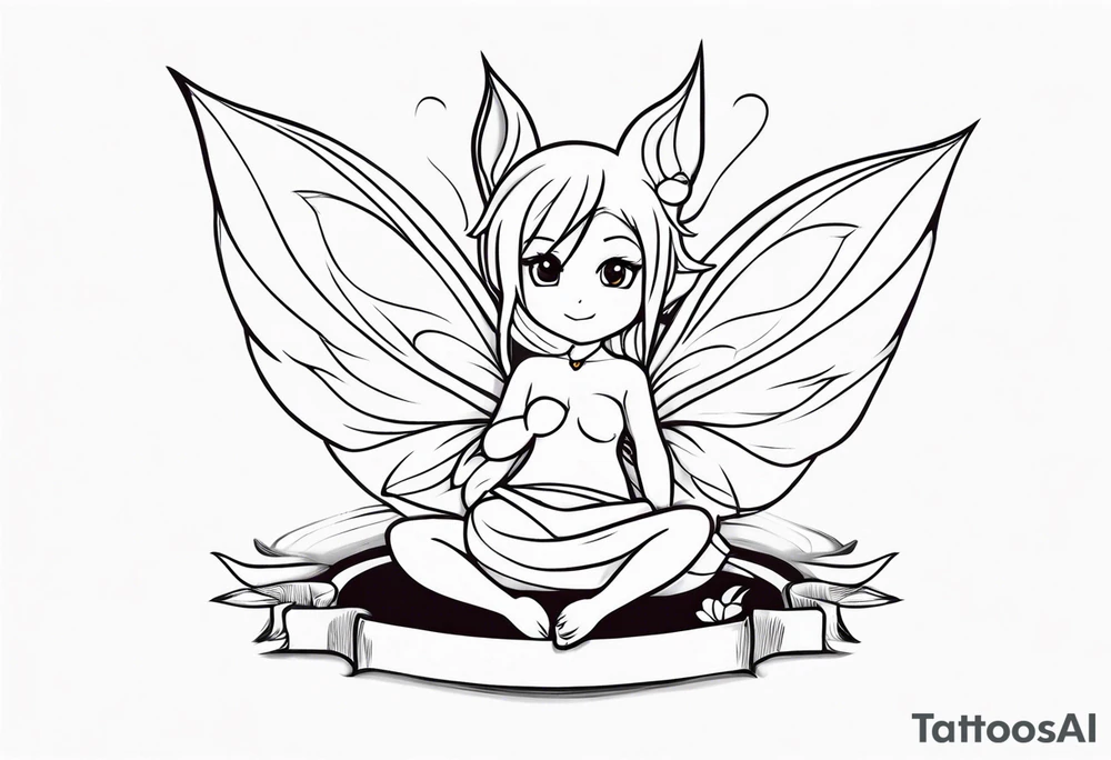 A fairy with a tail inspired by the logo of the show called Fairy Tail in a fetal position leaning in tattoo idea