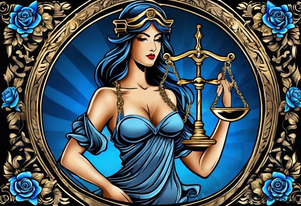 Lady Justice, 
Blindfold:
Scales: 
 Lady Justice is shown with black hair, which is a unique artistic choice compared to the more traditional representations. The scales, blindfold, and sword are all present, adhering to the classic iconography but with a modern and colorful twist. blue roses frames, background blue,present it in a tattoo tattoo idea