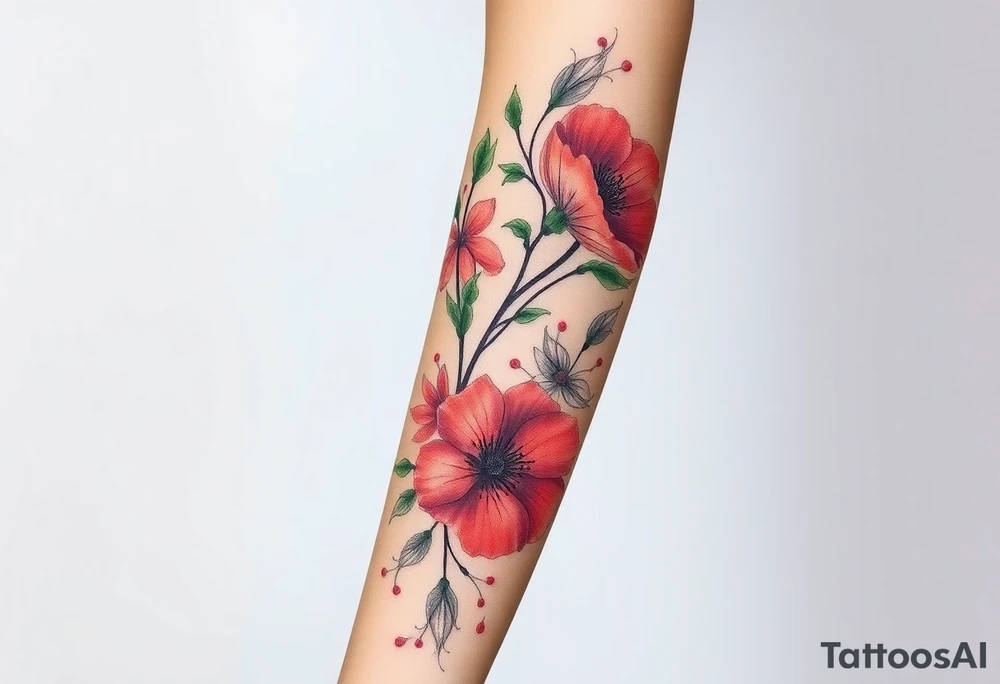 Fore arm tattoo in the neo american traditional style. I want to incorporate a few different flowers: Poppies, Morning Glory, Narcissus with green leaves in the background tattoo idea