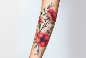 Fore arm tattoo in the neo american traditional style. I want to incorporate a few different flowers: Poppies, Morning Glory, Narcissus with green leaves in the background tattoo idea