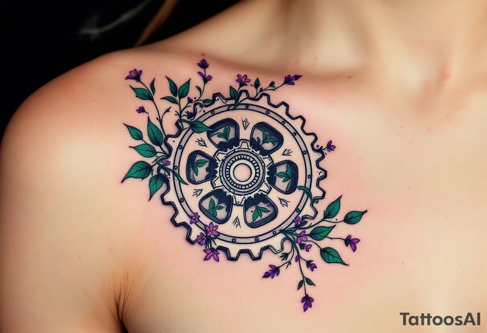 A detailed bicycle gear with intricate teeth, intertwined with vines and small wildflowers, symbolizing strength and connection to nature. The gear would be shaded in metallic silver with pops of green and purple for a fresh look. tattoo idea
