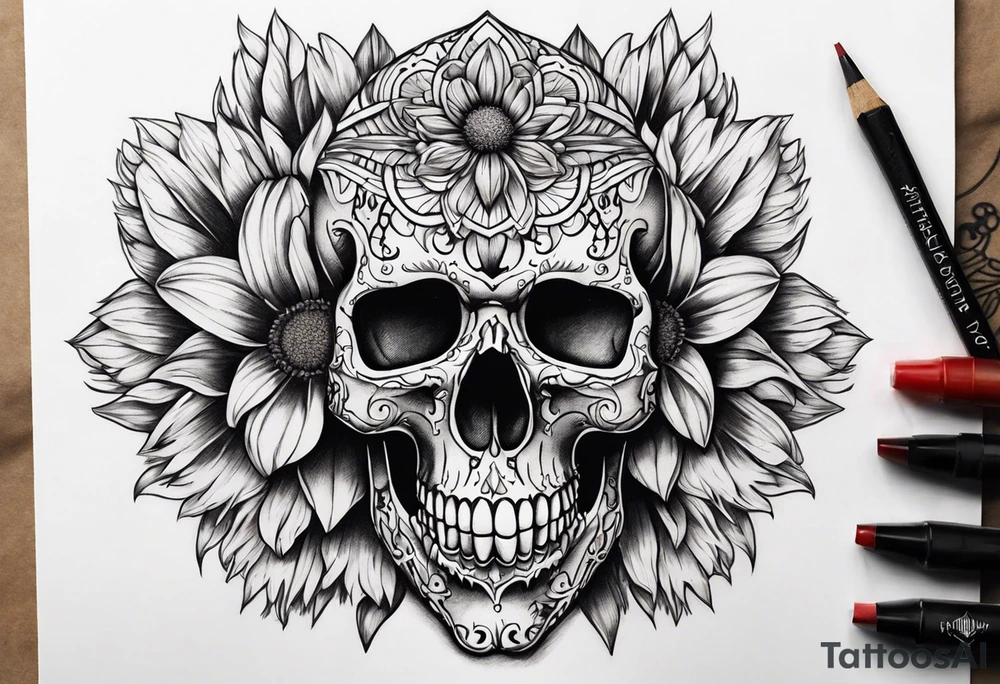 Indian blanket flower skull tattoo idea
