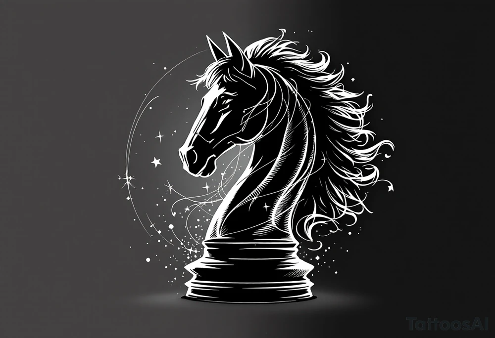 a knight of chess piece. it doesn't have legs, it's a chess piece. 
The knight piece is depicted in motion, slightly tilted forward as if it's charging or coming out of the shadows. The knight’s face is detailed but with a focus on the horse's strong features: its mane flowing in the wind, and the body etched with intricate details to represent strength and agility. The knight is emerging from a shadow, with the front part of the body illuminated in soft, warm light. The shadowed portions near the back and tail create a mystical aura. tattoo idea