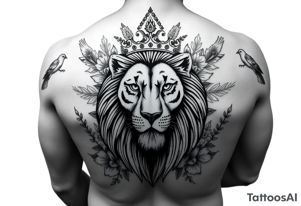 powerful majestic lion with a crown, surrounded by floral ornaments and birds tattoo idea