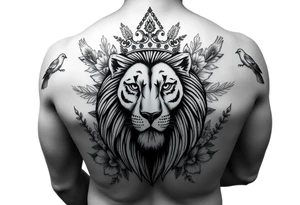 powerful majestic lion with a crown, surrounded by floral ornaments and birds tattoo idea