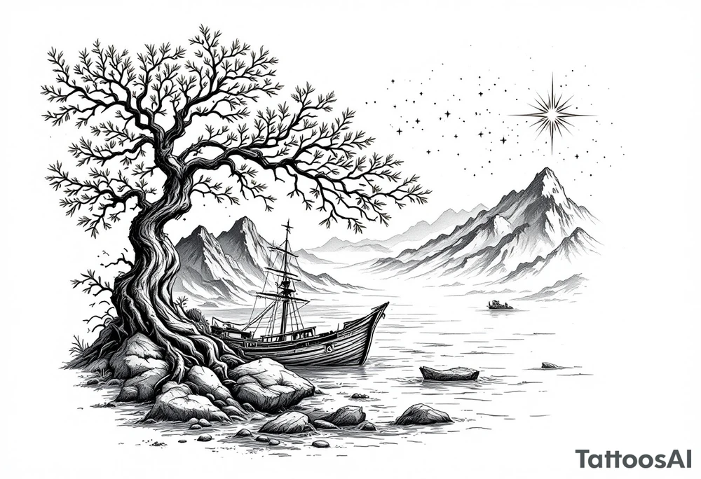tattoo that has an acacia tree with mountains, ocean with a ship wreck and the northern star tattoo idea