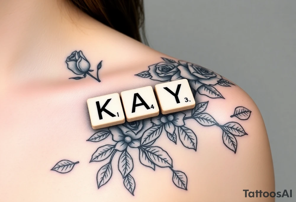 Tattoo on left shoulder
Predominant focal point: Scrabble letters spelling “KAY” resting on scrabble piece holder tray. The numbers in corner of each letter should not be actual scrabble values, instead they should be “1,4,3” or K=1, A=4, Y =3. To represent “I love you” 

This tattoo is to honor my grandmother in hospice

Surrounding the scrabble tile holder and pieces spelling KAY, her name, will be a rose bush tattoo. It should look realistic and fill all space between focal point scrabble tiles & the curves of my left shoulder muscle. I am pretty muscular, so I want the rose bush and stems to scent the definition of my shoulder muscles well. It should highlight my muscles and accentuate them more.

Tattoo in its entirety should cover the whole shoulder. And rose bush should show lots of vines/stems tattoo idea