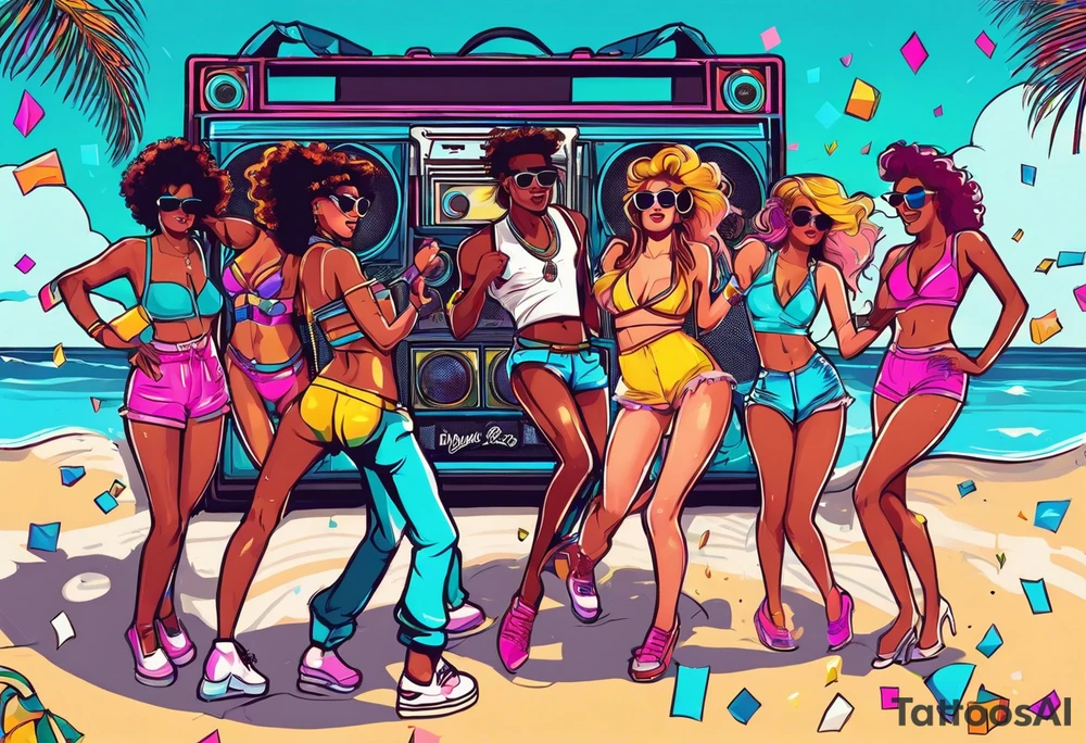 1980's style dance party with boom box and confetti in a beach theme. include people in 80's miami beach clothes, music note. tattoo idea