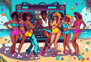 1980's style dance party with boom box and confetti in a beach theme. include people in 80's miami beach clothes, music note. tattoo idea