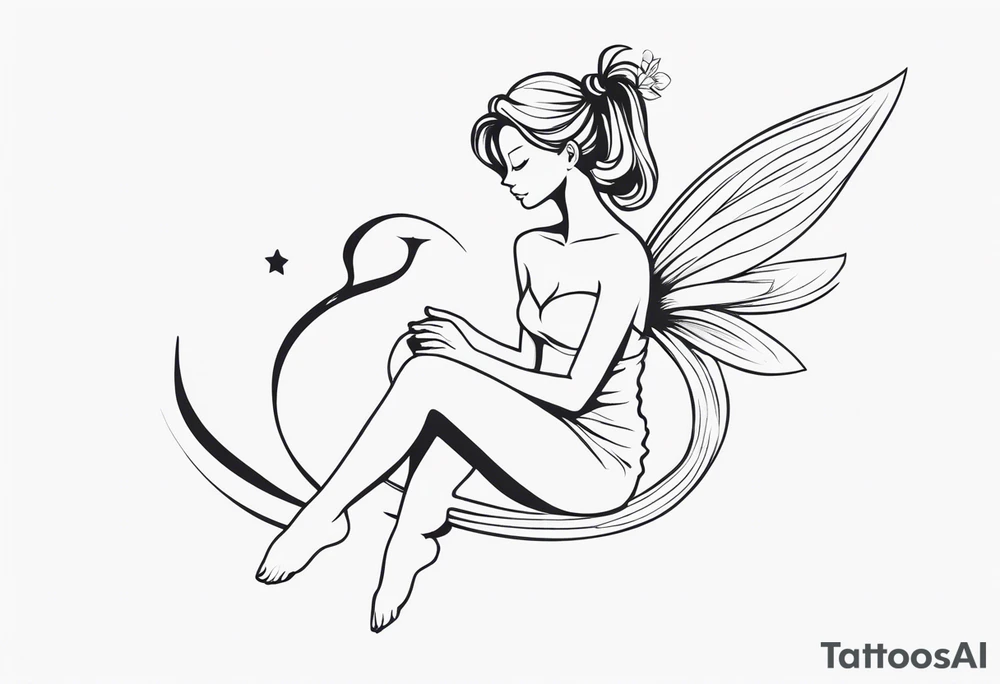Minimalistic, monochromatic fairy with a tail flying to the left in a fetal position, leaning and looking in the same direction, with visible hands, embodying the 'Fairy Tail' logo aesthetic. tattoo idea