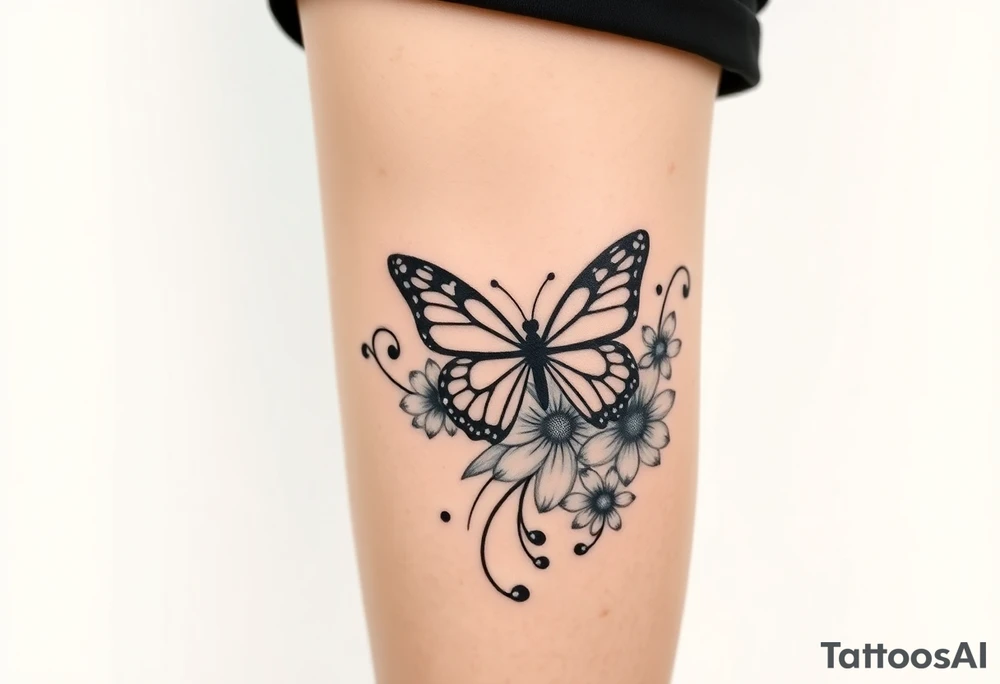 swirl pattern with butterfly and daisy leg tattoo design drawon on leg. i want to sell this in zepeto i want it too be shown on thigh to ankle and be asymmetrical please also show the overall image of total leg too 

ㅁ tattoo idea
