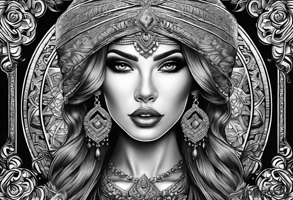 Chicano stijlVrouw met slangen in haar haar en een vrouwe justitie weegschaal in haar hand tattoo idea