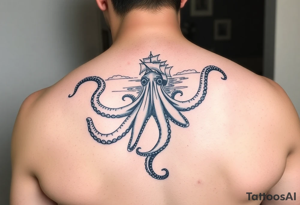 Octopus with ship and sea background tattoo idea