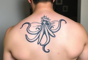Octopus with ship and sea background tattoo idea