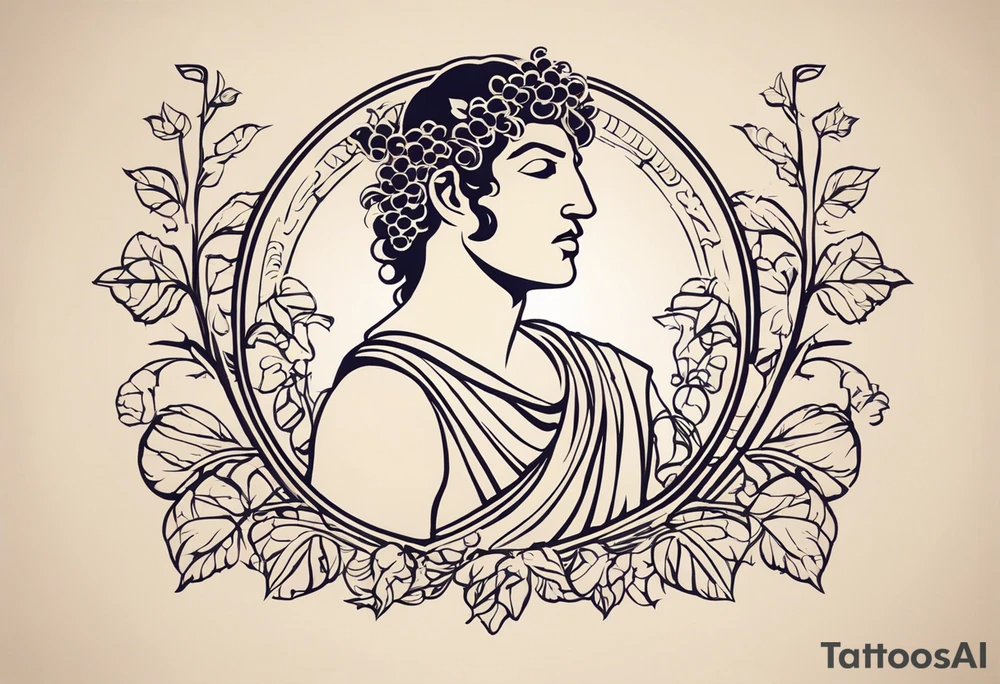 "Create a minimalist tattoo design featuring Dionysus, the Greek god of wine and revelry, with a focus on simplicity and elegance. Consider depicting Dionysus in a stylized form, perhaps using clean lines and geometric shapes to outline his silhouette. Incorporate symbolic elements such as a thyrsus staff or a grapevine to represent his domains of wine and ecstasy. Ensure the design captures Dionysus's essence while maintaining a minimalist aesthetic that reflects the sophistication of ancient Greek art." tattoo idea