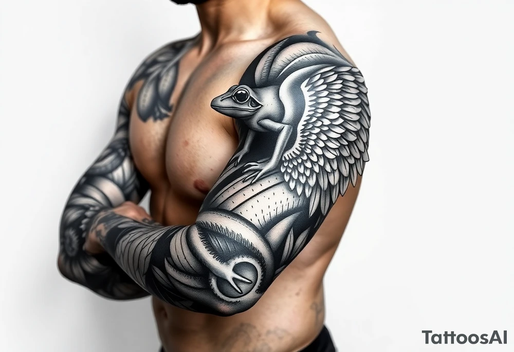 Full Sleeve tattoo including details of jungle leaves, Taino frog , Puerto Rican tribal patterns, angel wing tattoo idea