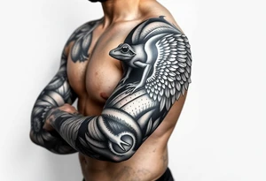 Full Sleeve tattoo including details of jungle leaves, Taino frog , Puerto Rican tribal patterns, angel wing tattoo idea