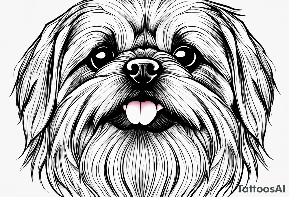 The most minimalist drawing of a pekingese with shih tzu dog's face. He has big eyes and a crooked smile. Do it like Picasso tattoo idea