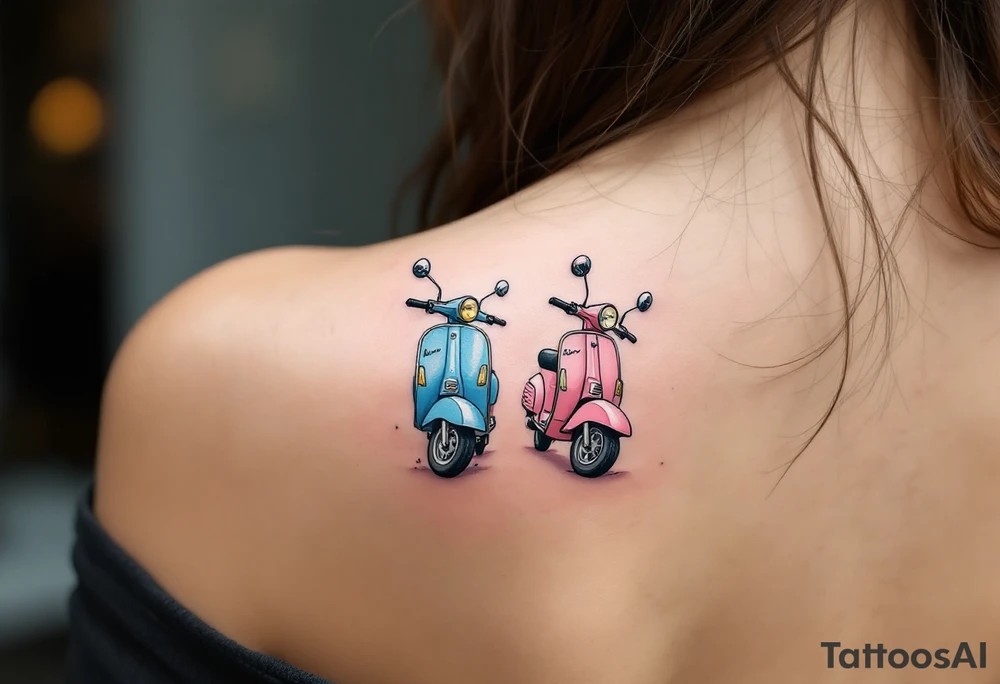 2 scooters, blue and pink, riding together tattoo idea