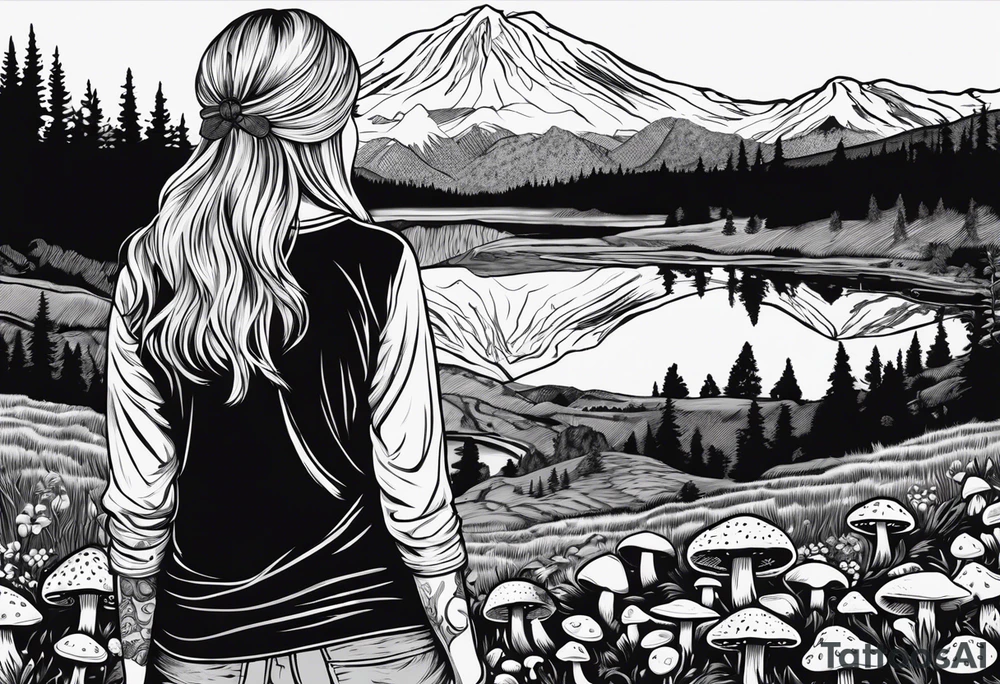 Whole picture encircled fully

Straight long blonde hair hippie girl in distance holding mushrooms in hand facing away toward mountains and creek surrounded by mushrooms long sleeve shirt and hiking pants; whole rendering within a full circle, no cut off circle tattoo idea