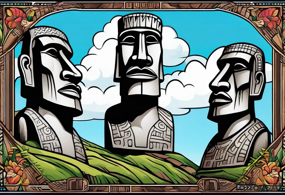 Four Easter island heads on an island landscape with hawks circling above tattoo idea