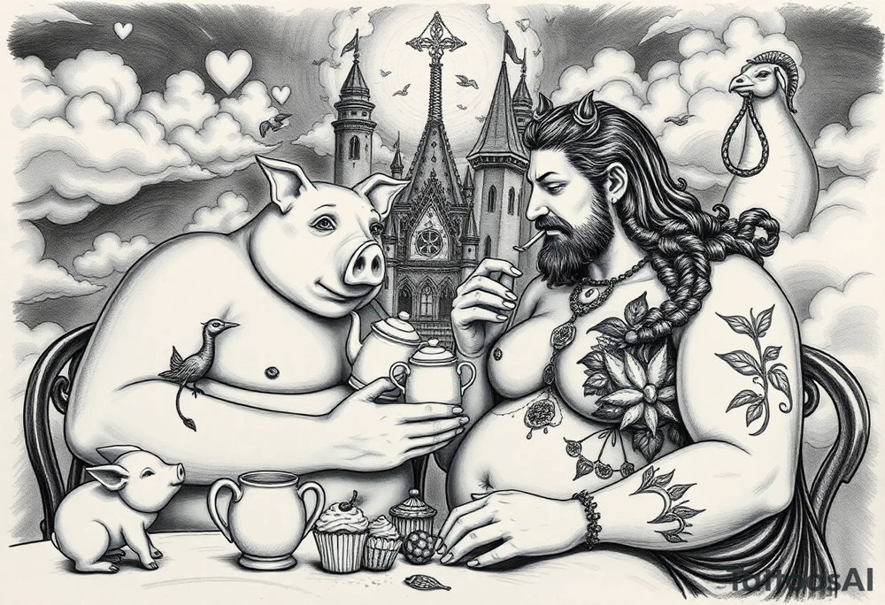 Naked Man and fat woman having sex eating cupcakes and  fruit  having sexy naked fat lady having a tea party with tea pots  swith fancy castle  
with mystical  a pigs, peacock,  lion, goat, noose and smoking cigerettes looking in the mirror thru storm clouds and broken hearts and darkness and wrath, envy , gluttony, greed, sloth, pride . Gothic tattoo idea