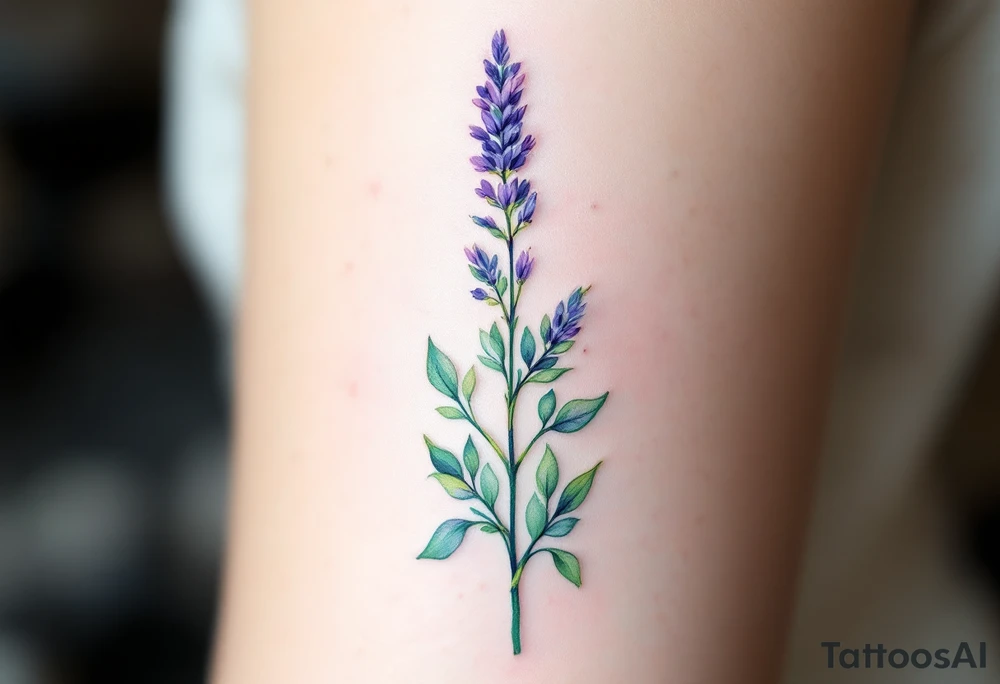 A single delicate lavender sprig in soft purple and green, with fine watercolor shading for a natural, airy look. tattoo idea