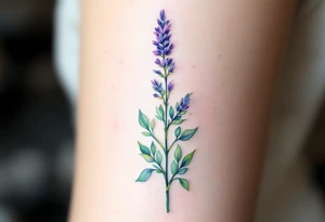 A single delicate lavender sprig in soft purple and green, with fine watercolor shading for a natural, airy look. tattoo idea
