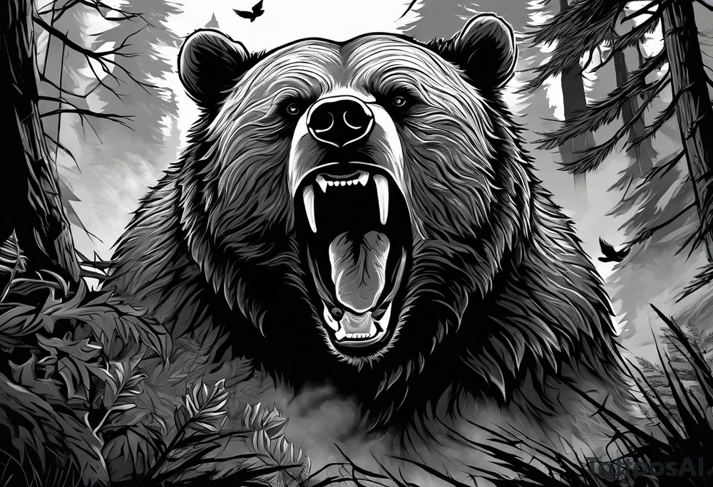 Bear growling face first in a cloudy forest. With fierce warriors in the background. Make the picture very detailed and smoke in the back creating a trail effect tattoo idea
