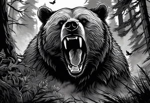 Bear growling face first in a cloudy forest. With fierce warriors in the background. Make the picture very detailed and smoke in the back creating a trail effect tattoo idea